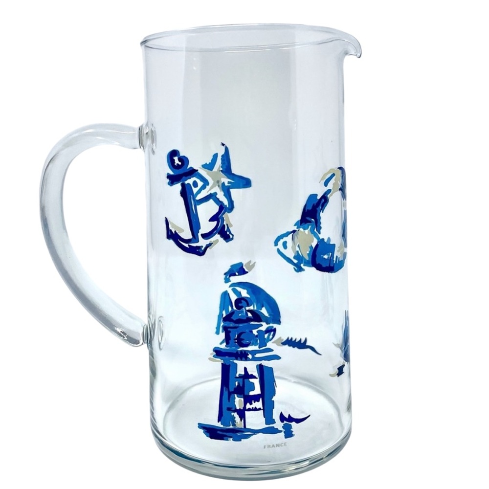 Luminarc Nautical Clear Glass Pitcher with Blue & White Sea Pictures VTG